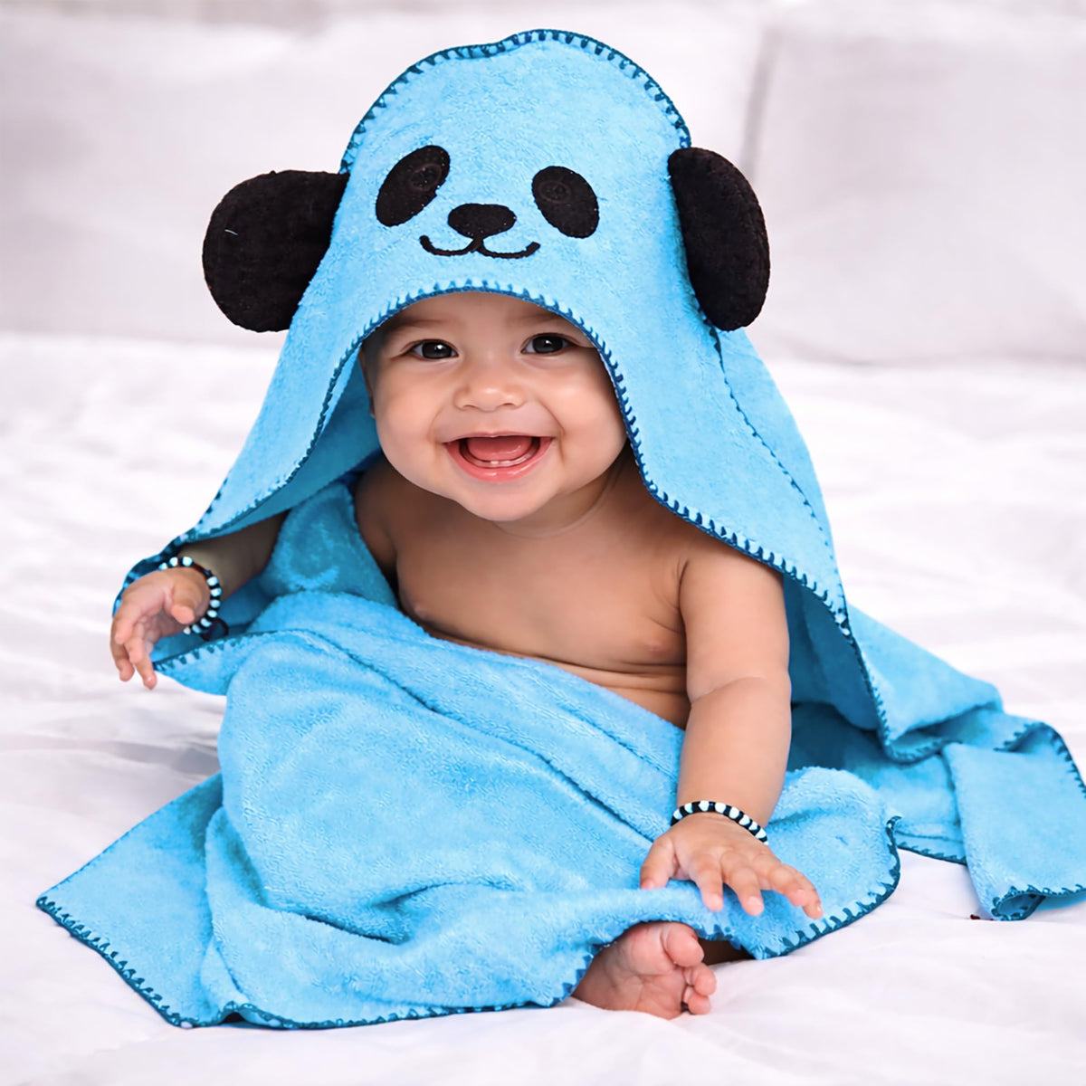MummaS Touch Puresoft Bamboo Panda Theme Baby Hooded Towel  Aqua  Pack Of 1 | Ultra Soft & Absorbent | Gentle Bamboo Fiber | 