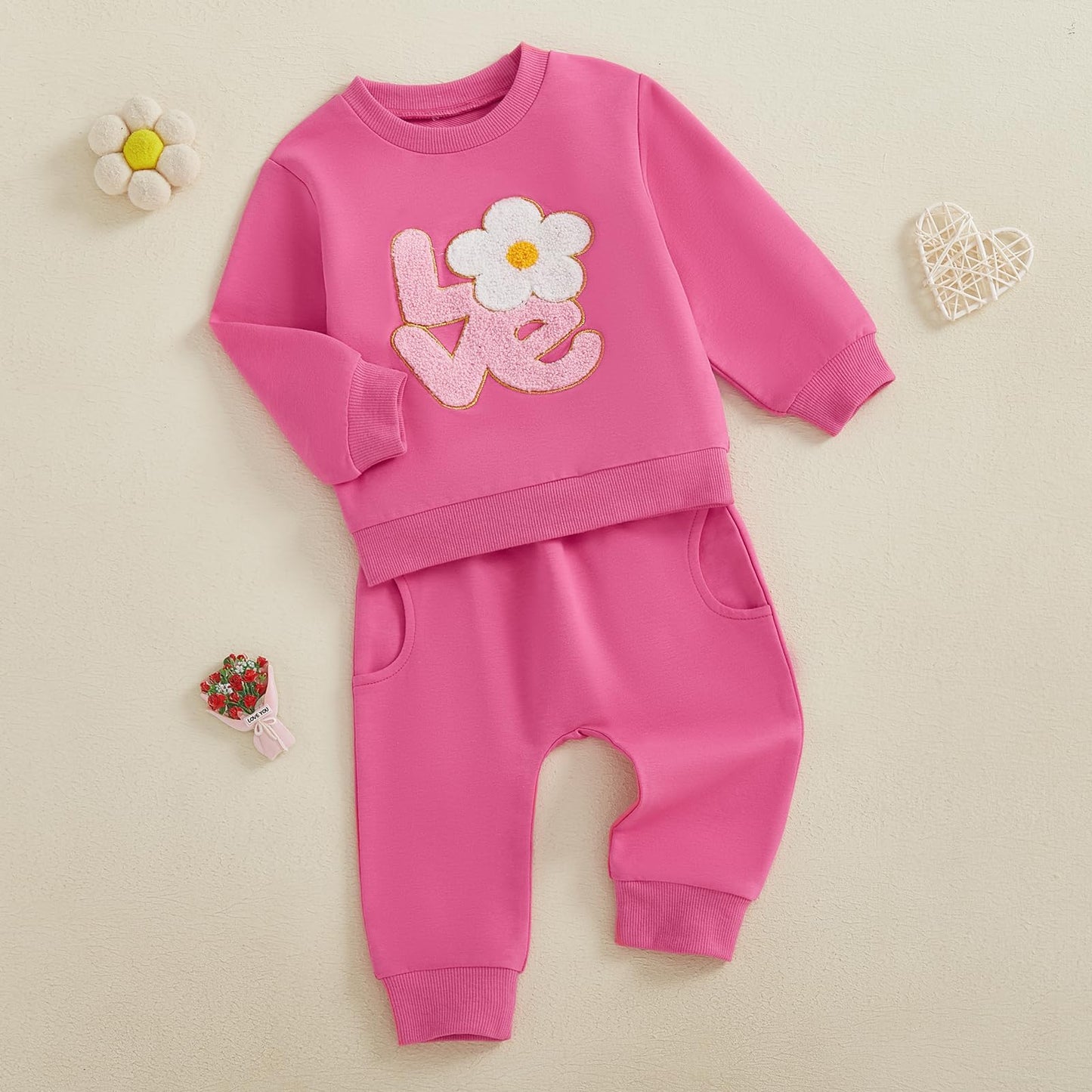 Lagkiyoj Toddler Girl Valentine'S Day Outfits Letter Flower Embroidery Sweatshirt Long Pants 6 12 18 24 Months 2T 3T 4T (Pink Va