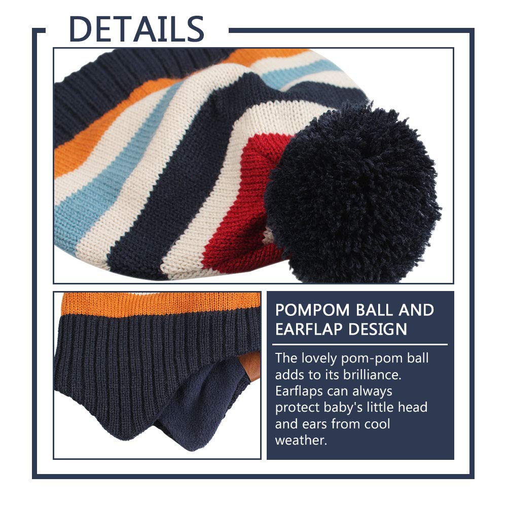 Jangannsa Knitted Baby Hat Scarf Set Winter Warm Boys Girls Beanie Fleece Lining Toddler Kids Hats With Pompom (Navy Striped(Hat