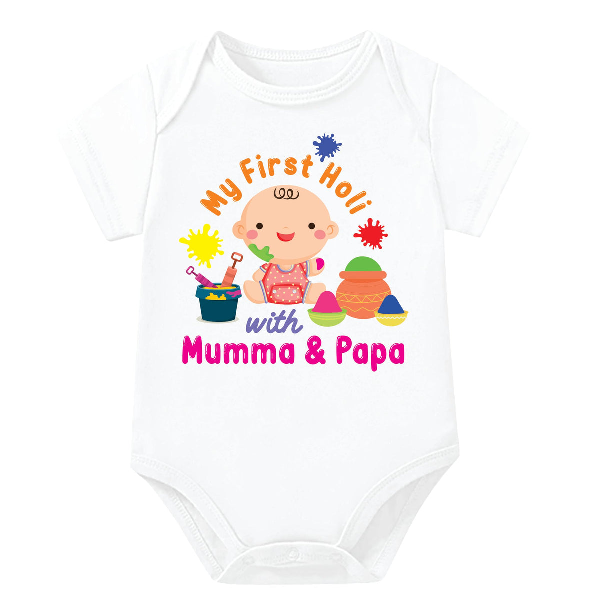 Lillypupp My First Holi With Mom Dad Baby Dress For Boy Girl. Unisex Holi TShirt Romper Bodysuit For New Born Photoshoot.
