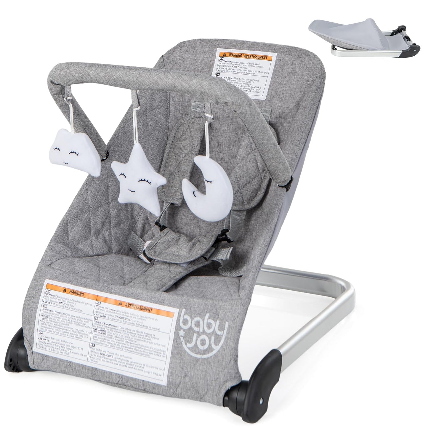 Baby Joy Baby Bouncer, Foldable Baby Bouncer Seat With 5-Point Safety Harness, Removable Fabric Cover & 3 Plush Toys, Portable I