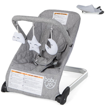 Baby Joy Baby Bouncer, Foldable Baby Bouncer Seat With 5-Point Safety Harness, Removable Fabric Cover & 3 Plush Toys, Portable I