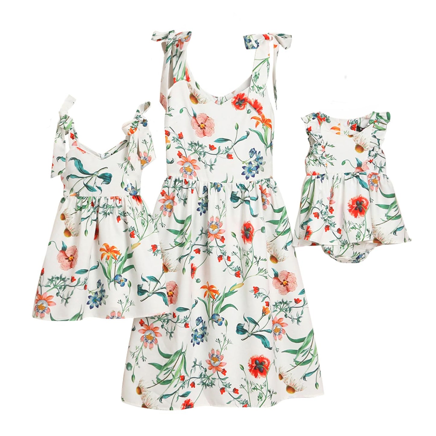 Popreal Mommy And Me Floral Printed Sleeveless Bowknot Chiffon Beach Romper Family Match Dress,White,Baby-3-6Months