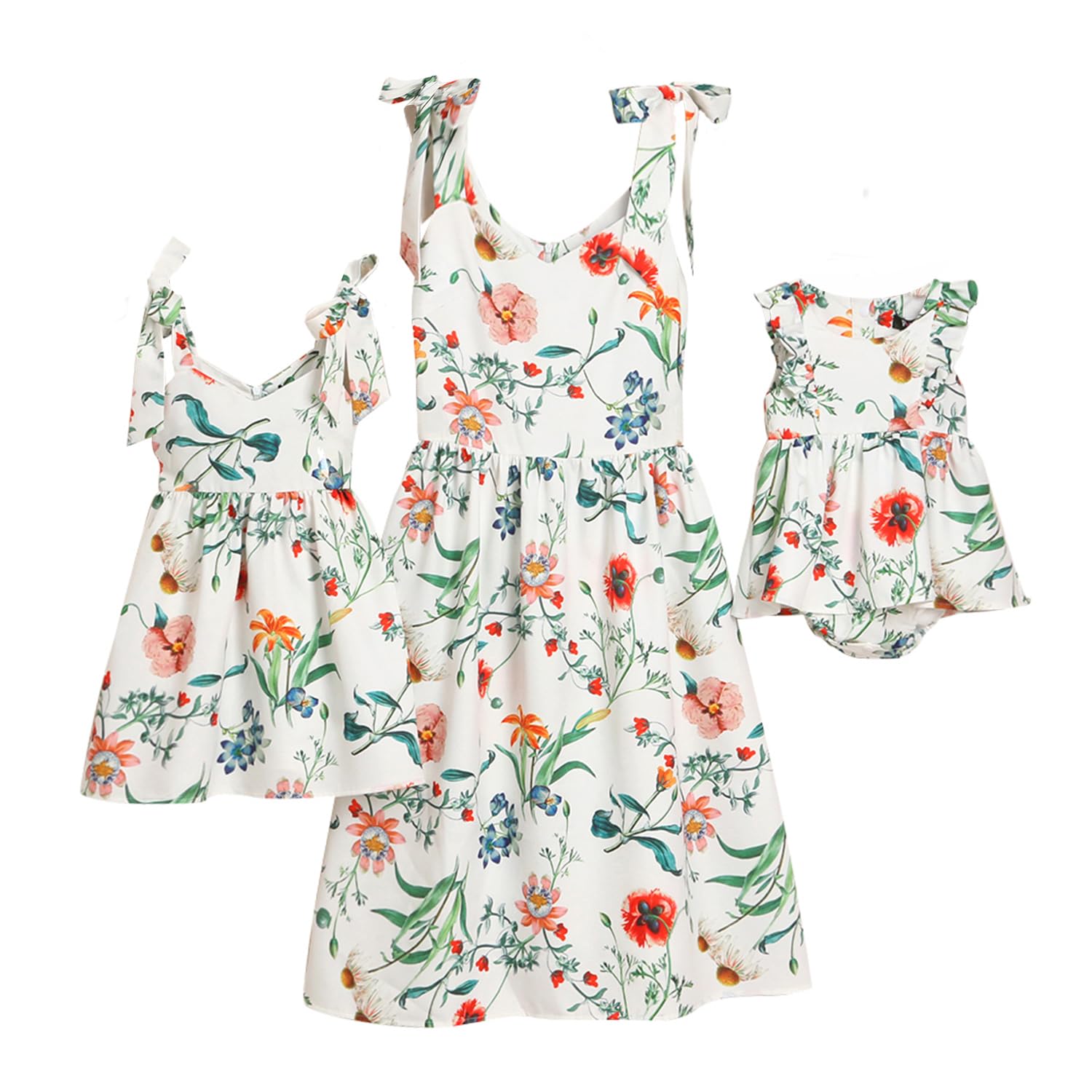 Popreal Mommy And Me Floral Printed Sleeveless Bowknot Chiffon Beach Romper Family Match Dress,White,Baby-3-6Months