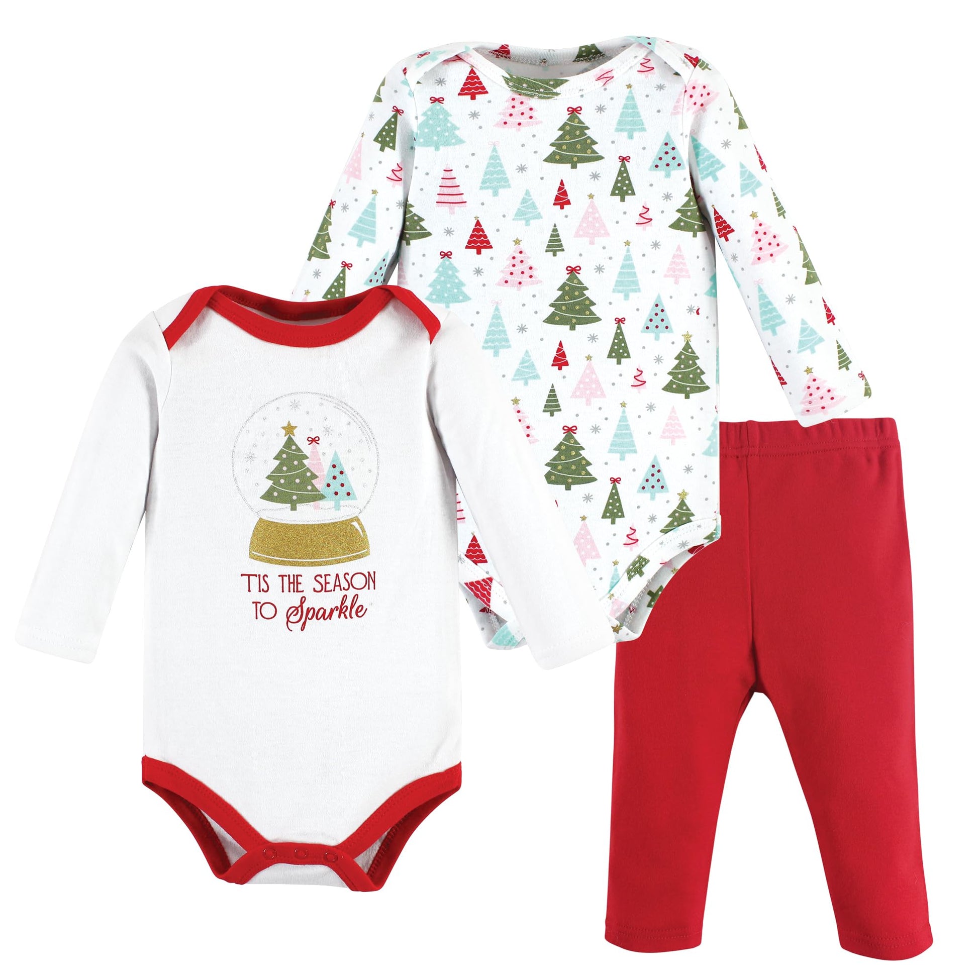 Hudson Baby Unisex Baby Long-Sleeve Bodysuits and Pants, Red Sparkle Trees, 6-9 Months