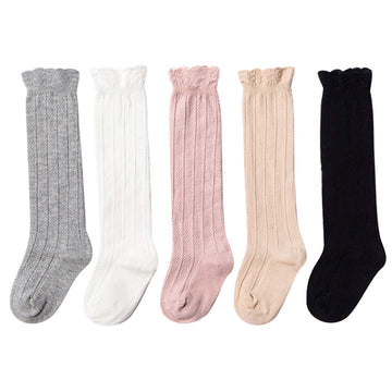Epeius 5 Pair Pack Baby Girls Boys Uniform Knee High Socks Tube Ruffled Stockings Infants And Toddlers For 6-12 Months,Black Whi