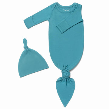 Baby Knotted Gown, Super Soft Newborn Infant Long Sleeve Sleeper For Baby Girl And Boy Sleepwear With Hat Set (Blue Green, 0-3 M