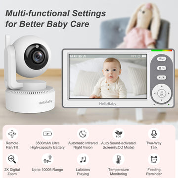 Hellobaby 4.3'' Video Baby Monitor With 30 Hours Battery, Remote Pan-Tilt-Zoom Baby Monitor No Wifi, Baby Monitor With Camera An