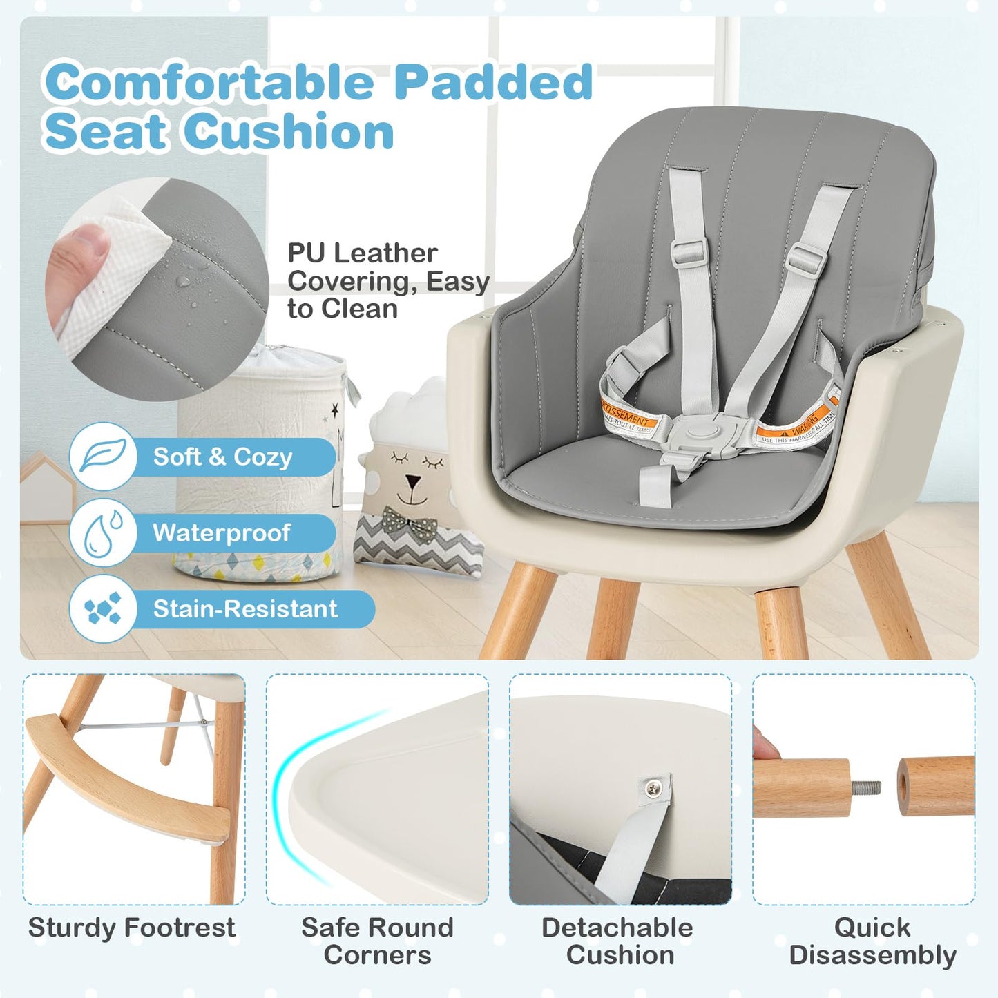 Honey Joy High Chair, 3-In-1 Eat & Grow Wooden Highchair/Toddler Chair With Removable Tray, 5-Point Harness, Pu Cushion And Foot