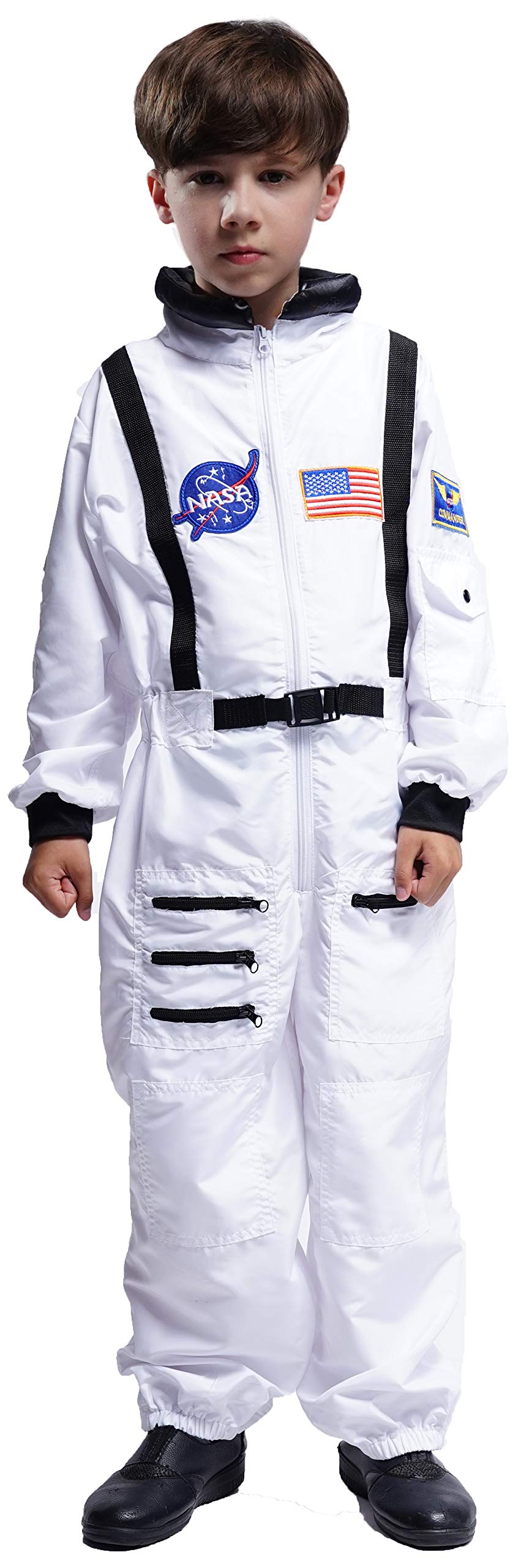 Maxim Party Supplies Kids Astronaut Costume Space Suit Onesie With Embroidered Patches And Pockets For Children, Boys (4/6, Whit
