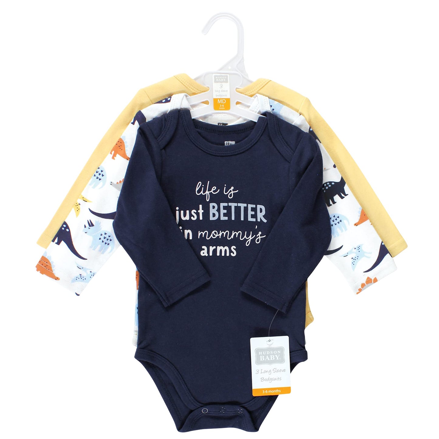 Hudson Baby Unisex Baby Cotton Long-Sleeve Bodysuits, Hugasaurus, 9-12 Months