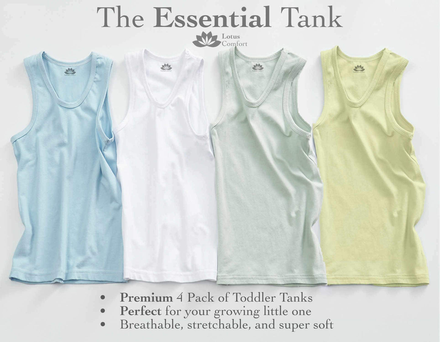 Lotuscomfort Premium 4 Pack Super Soft Boys Girls Unisex Kids Toddler Baby Tank Top Undershirts (2T White Pack)