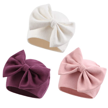 Newborn Baby Girl Hat Cotton Baby Bow Beanie Preemie Hats Spring Infant Hats For Girls 0-12 Months (Skin Pink+Deep Purple+White,