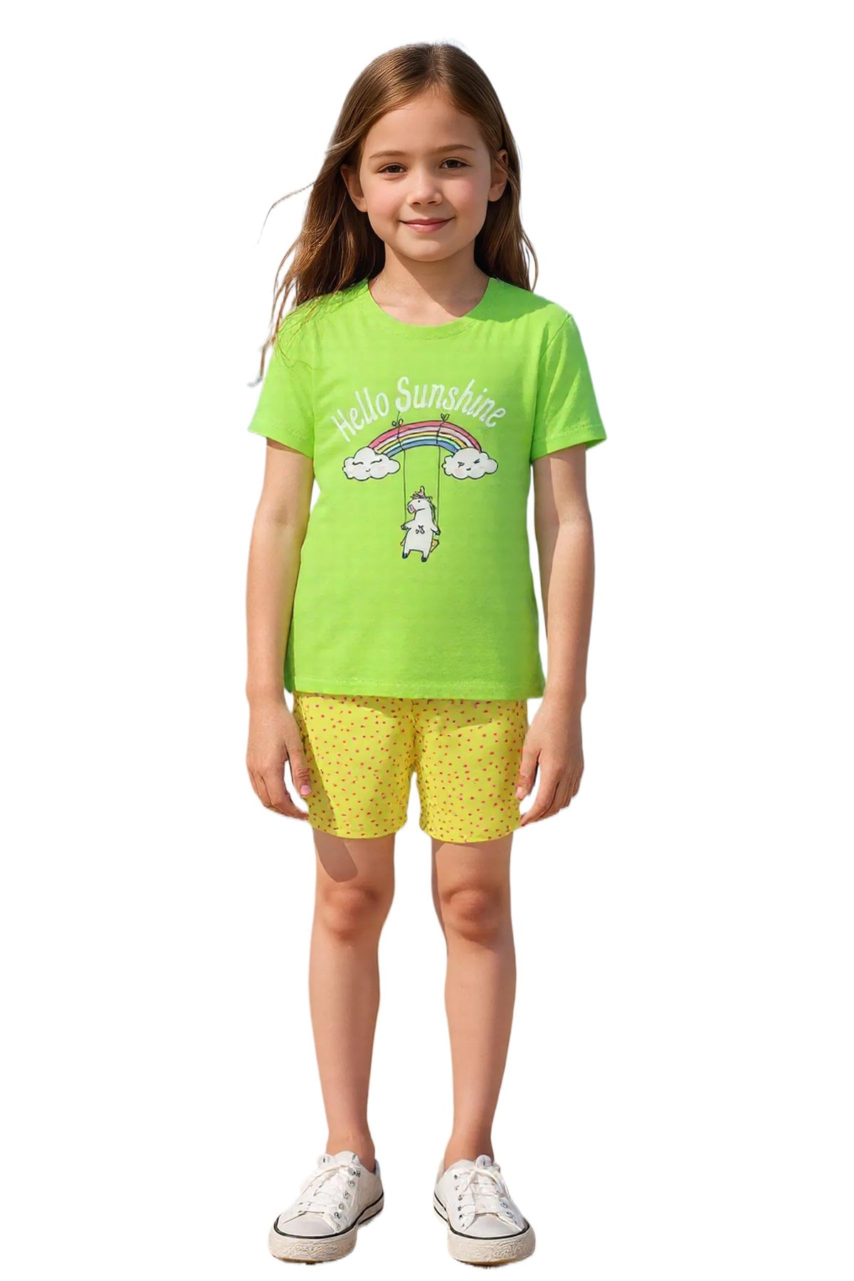 Clothe Funn Girls Printed Cotton Half Sleeves TShirt & Shorts Nightwear Set (Neon Green & Yellow, 34 Years)