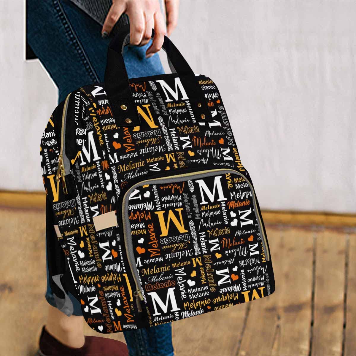Artsadd Custom Monogram Diaper Back Pack With Thermal Pockets, Orange And White Travel Backpack Customized Baby Bags With Name G