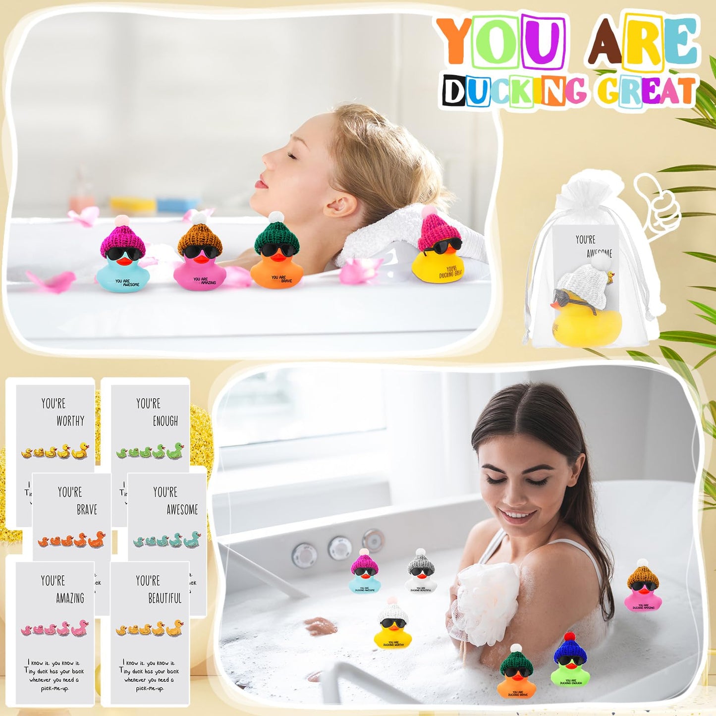 Liliful 60 Set Employee Appreciation Gift Bulk for Coworker Inspirational Mini Rubber Ducks with Glasses You are Awesome Sign Yo