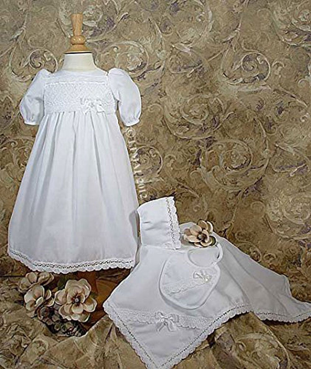 100% Cotton Girls Preemie Dress Christening Gown Baptism Set With Lace Hem 2-3Lbs White