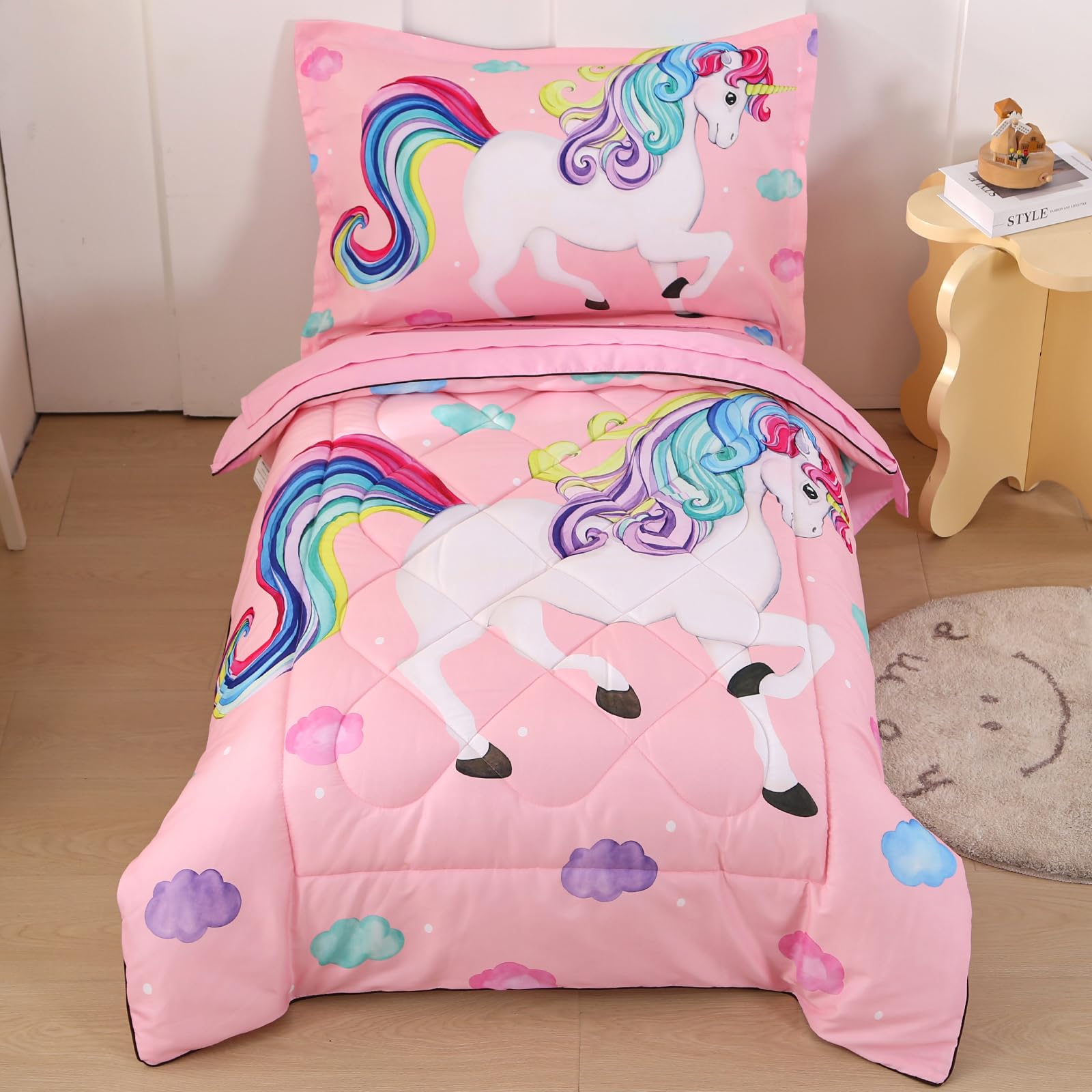 Wowelife Unicorn Toddler Bedding Set For Girls, Rainbow 4 Piece Toddler Bed Sheets Sets Pink Toddler Comforter Set Kids Bag In A