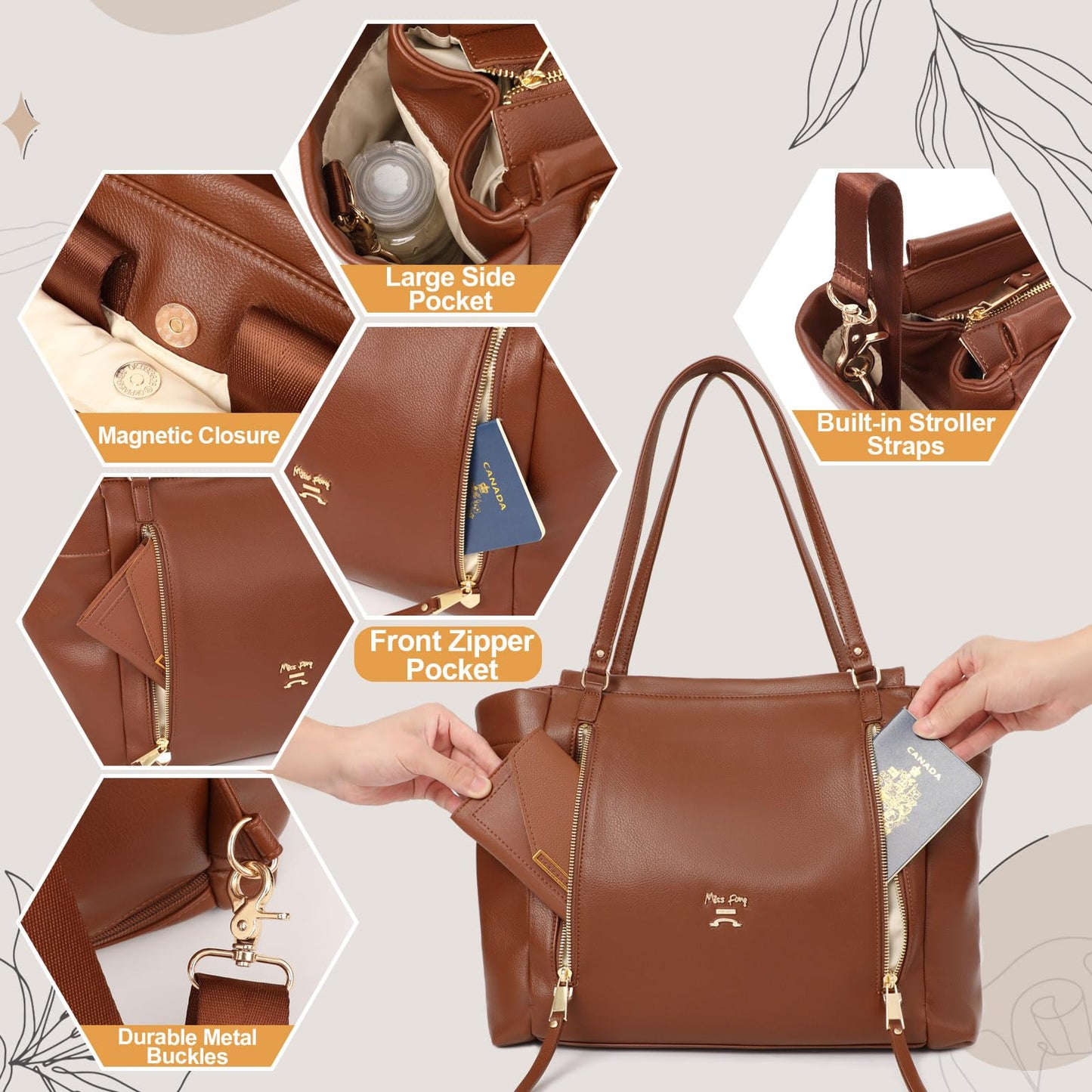 Miss Fong Diaper Bag Tote Leather Diaper Bag Backpack, Large Capacity Mommy Bag Hospital Bag, 12 Pockets Travel Diaper Tote With