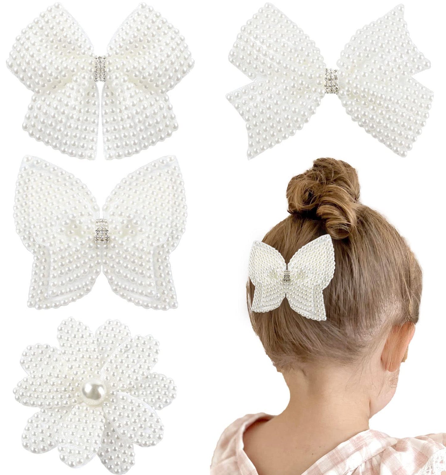 4Pcs Pearl Hair Bows For Girls, White Butterfly Flower Hair Bow Clip Wedding Hair Accessories For Baby Infants Toddlers Kids (La
