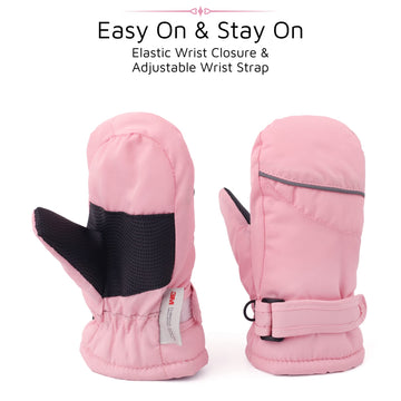 F Flammi Toddler Kids Snow Mittens With String Waterproof Ski Mittens Thinsulate Winter Gloves For Baby Girls Boys(Baby Pink,0-2