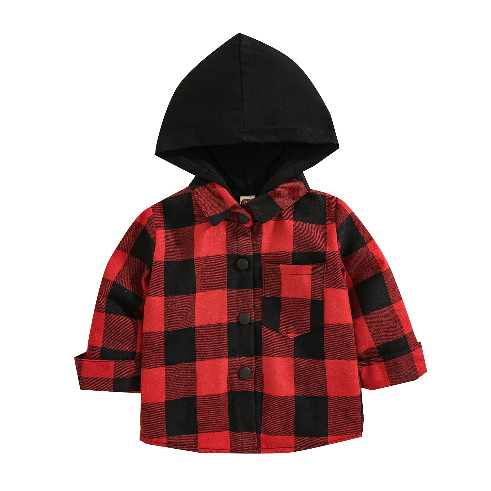 Kids Little Boys Girls Baby Long Sleeve Button Down Hooded Plaid Shirt Red Plaid WBBAPB09DG8N3ZY