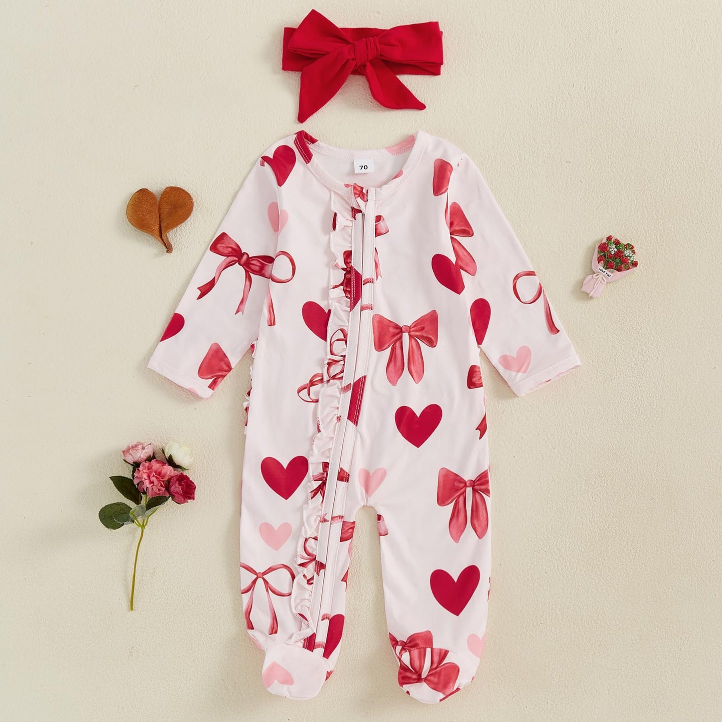 Ayalinggo Valentines Baby Girl Outfit Bowknot Heart Footie Romper Long Sleeve Onesie Newborn Valentines Day Clothes (Valentines