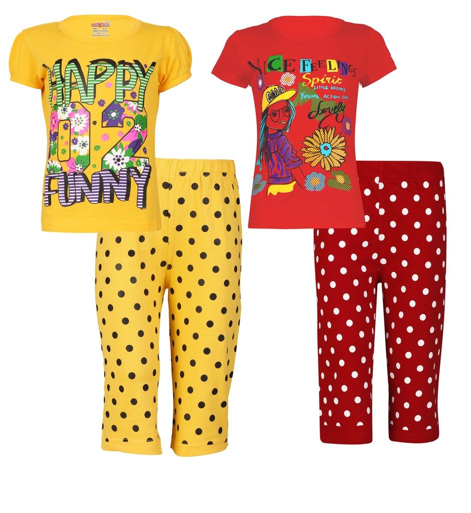 SINI MINI Girls Cotton Dot Print Capri Set Combo (89 Years)