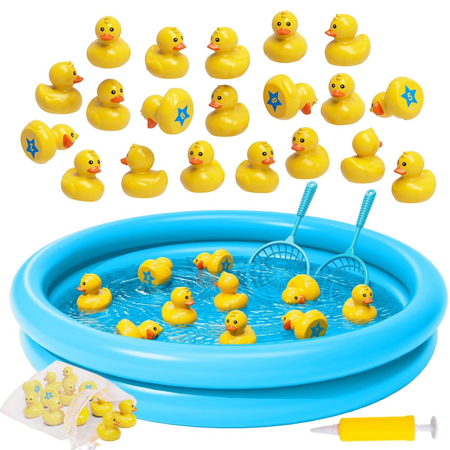 Duck Pond Matching Game Toys for Kids - 20 Plastic Ducks with Numbers,25 x 5 Kiddie Pool | Storage Bag, 2 Nets-Fun Memory Games 