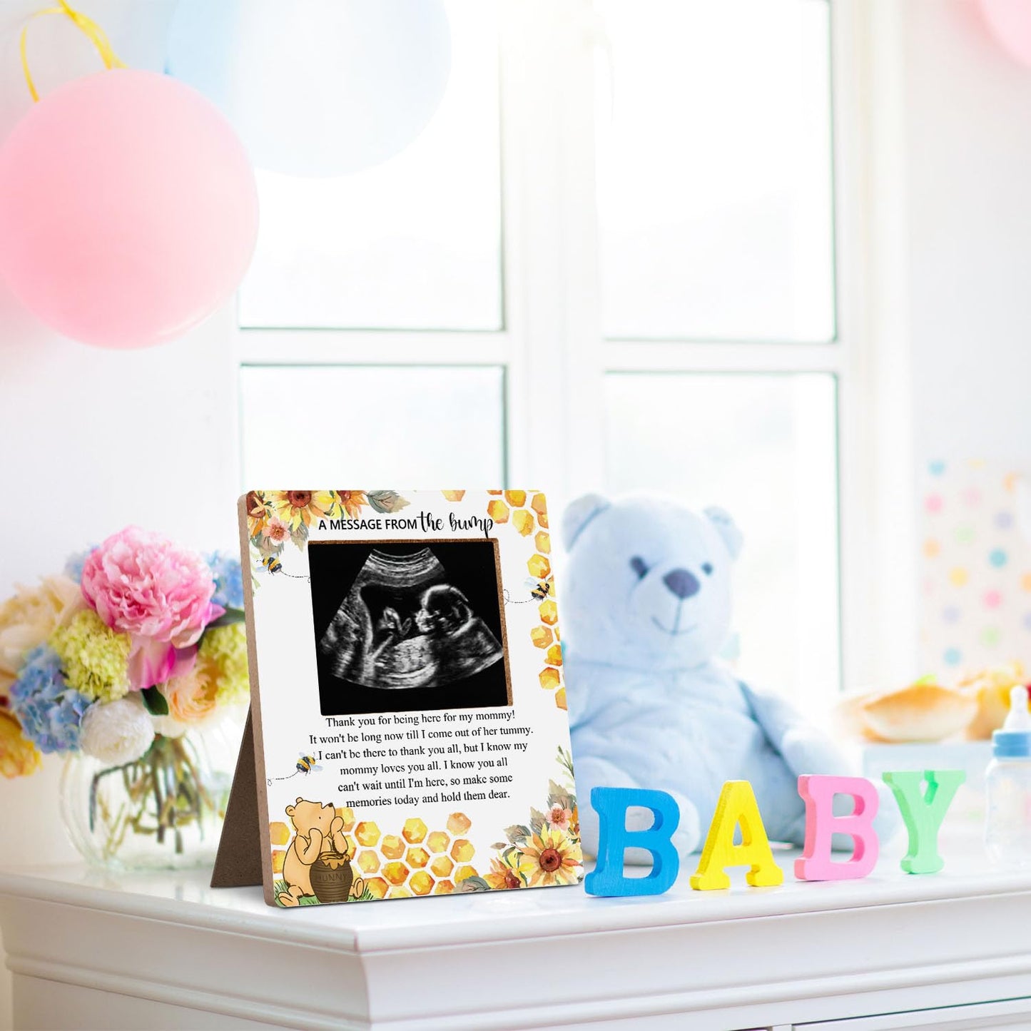 Hatzelou Winnie Baby Shower Sign Picture Frame - Message From The Bump Sonogram Frame, Honey Theme Gender Reveal, Pregnancy Mile