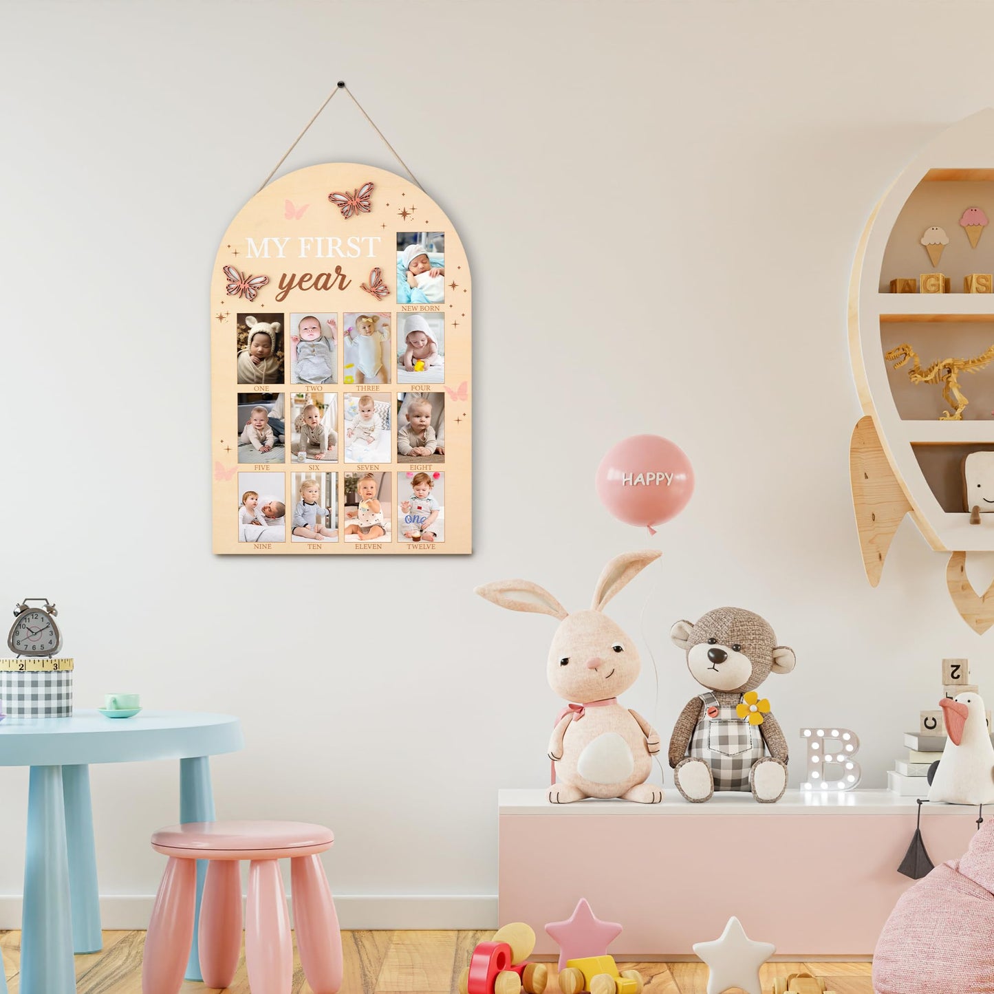 R Horse My First Year Photo Frame Board, 3D Butterfly Baby First Year Picture Frame 12 Months Milestone Display Wood Board Baby