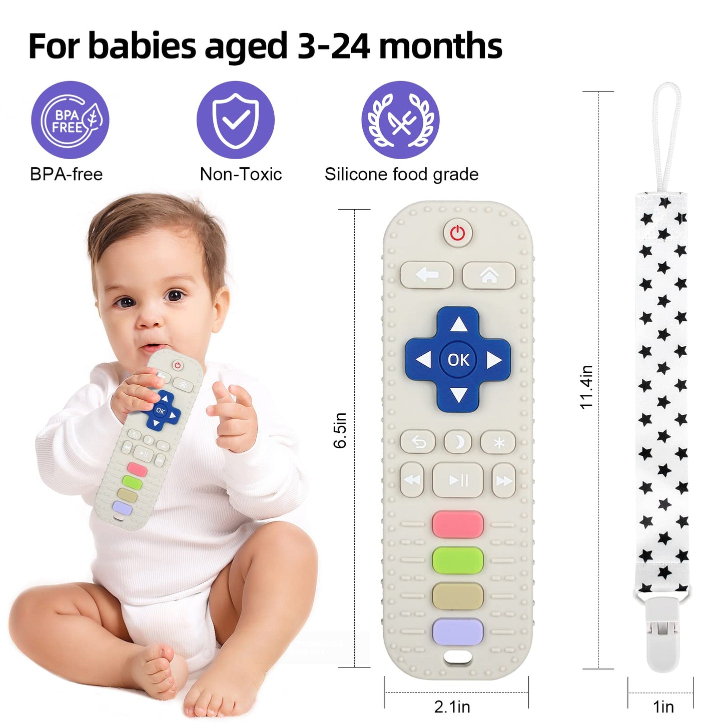 Chuya Silicone Baby Teether Toy TV Remote Control Shape Chew Toy for Babies 3+ Months, Teething Relief Baby Toys for Infants (Wh