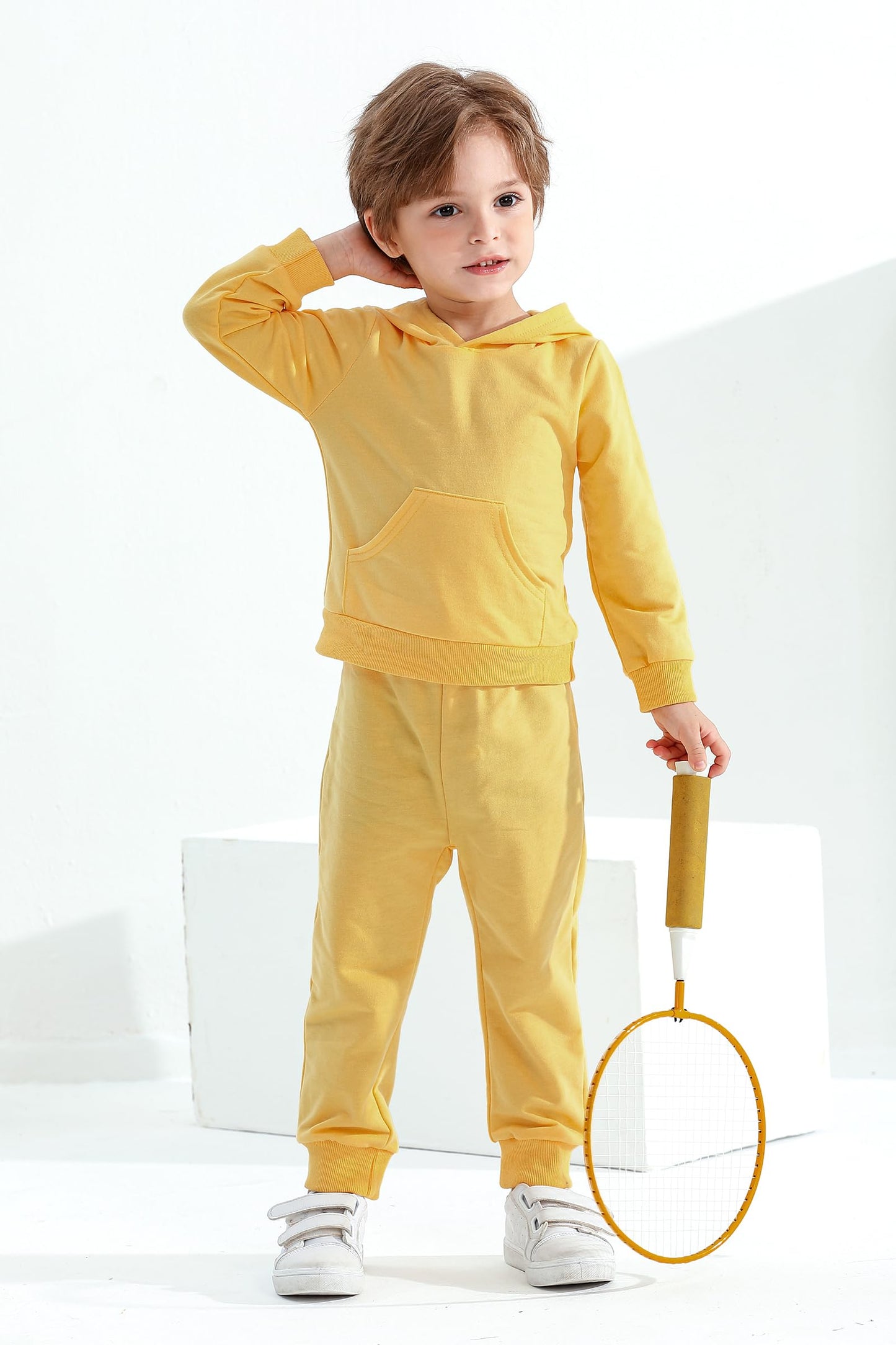 Happy Town Toddler Fall Outfits For Girl Boy Long Sleeve Hoodie Top And Long Sweatpants Set Toddler Sweatsuit (Solid Color-Yello