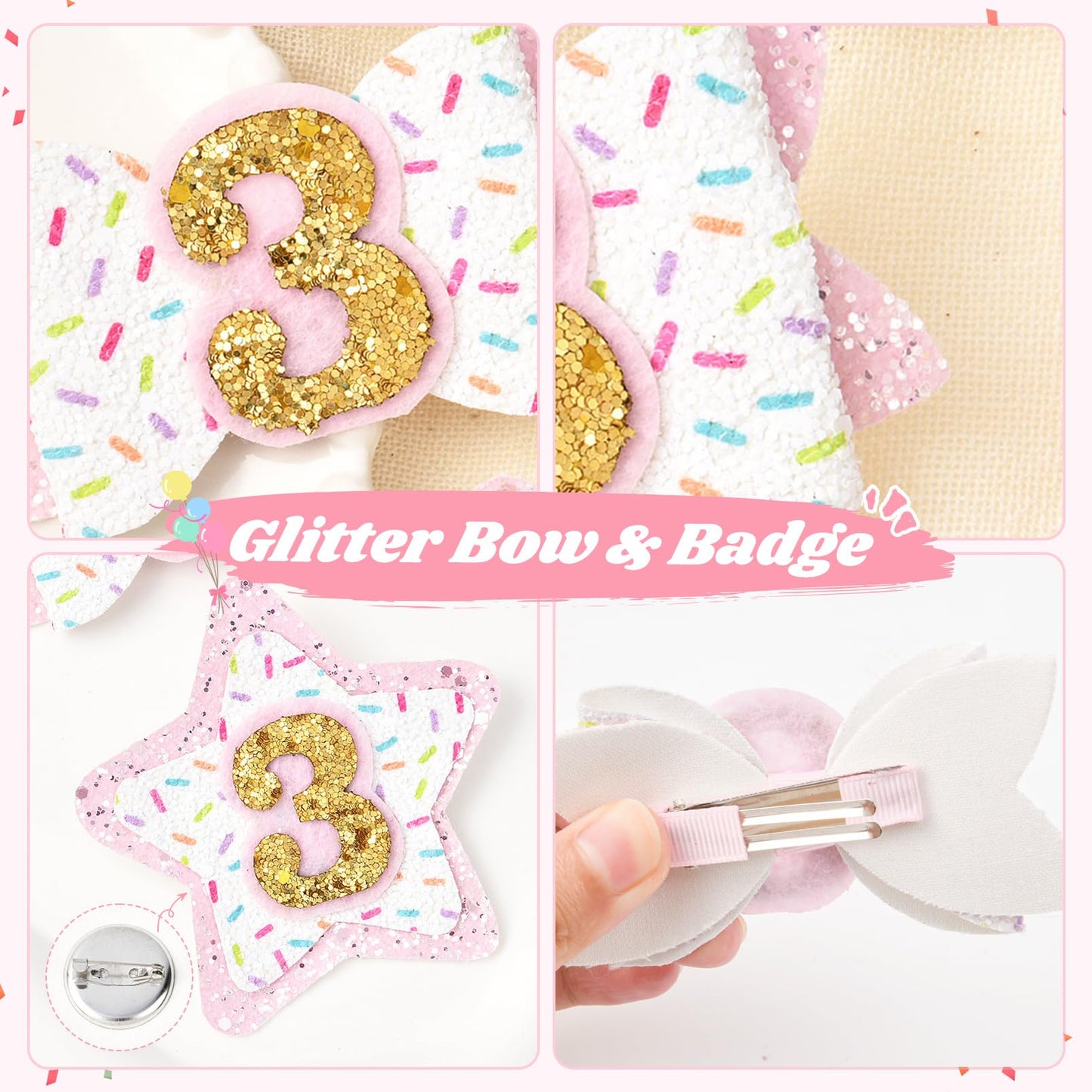 Deeka 3Rd Birthday Hair Bow And Badge Set For Girl - Glitter Pink And White Hair Clips For 3 Year Girl Party Decoration - Toddle