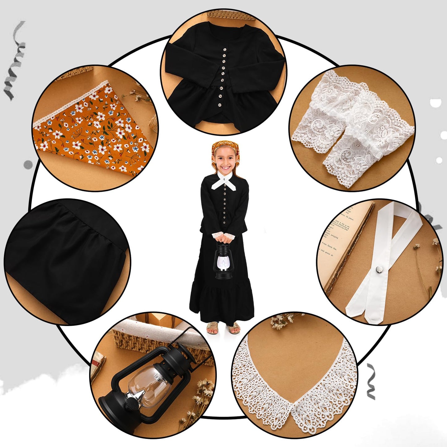 Panitay 6 Pc 1800S Colonial Costumes With Lace Cuffs Lace Collar Led Lantern For 100Th Day Of School Cosplay Party Girls Kids(Me