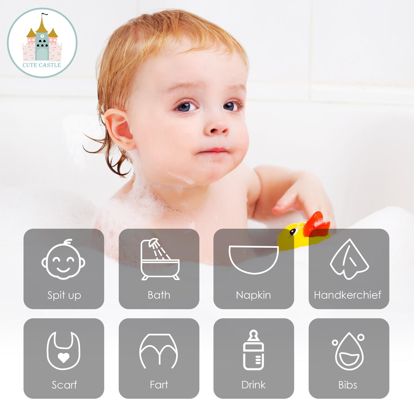 Cute Castle 12 Pack Muslin Baby Washcloths - Large 12'' By 12'' - Ultra Soft 100% Cotton - Super Absorbent Burp Cloths For Unise