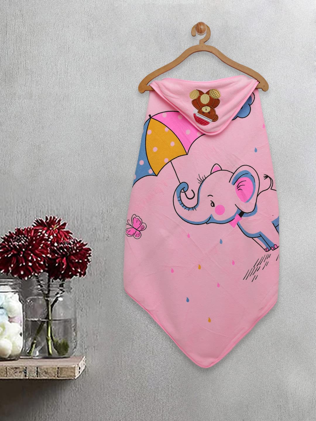 FABINALIV Infant Cartoon Pink Cotton Hooded Bath Towel (70 X 70 cm) (FLKBT1010Pink)