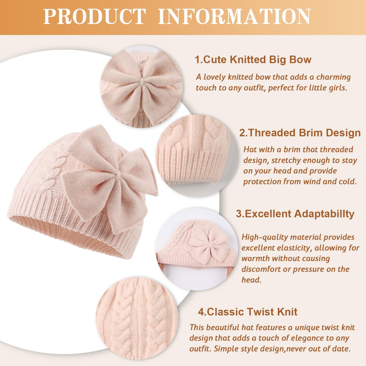 Winter Warm Knitted Baby Hat For Girls Cotton Lined Infant Toddler Girls Hat Autumn Cute Bow Classic Girls Beanie 0-6Y (Pink+Bei