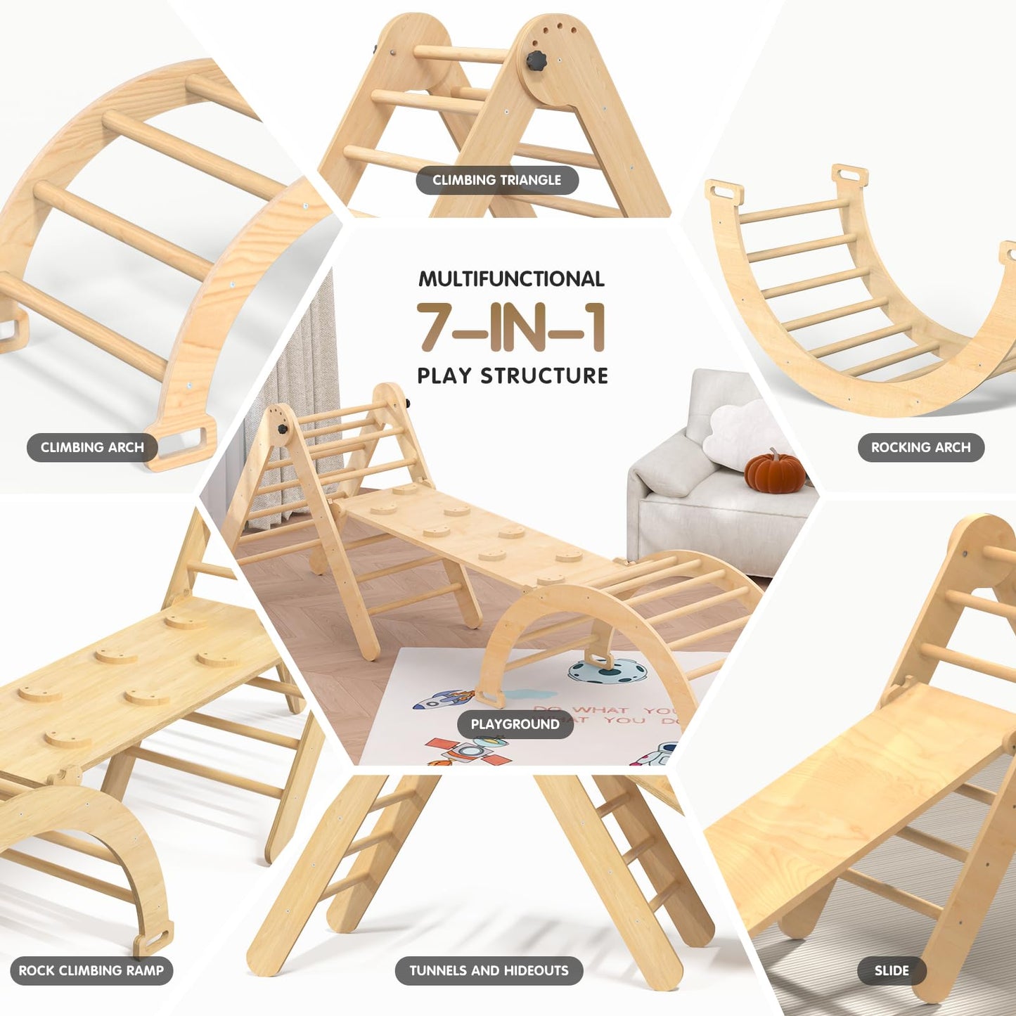 Cmfydaily 7 In 1 Montessori Pikler Triangle Set, Foldable Wooden Pickler-3 Piece Baby Climbing Gym Toddler Climbing Toys Indoor