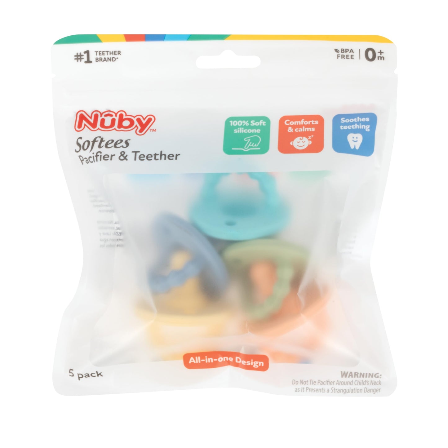 Nuby Silicone Softees Pacifier And Teethers - (5-Pack) Silicone Baby Pacifiers And Teethers - 0+ Months - Assorted Colors
