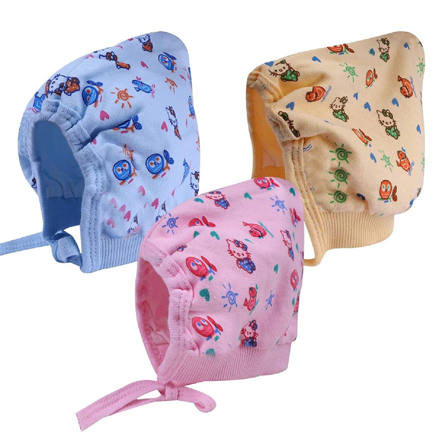 Cloth King Presents Baby Unisex Soft Hosiery Caps Baby Caps Knot Closure Cap Kids Printed Caps For Any Season (Pack Of 3). (6 Mo