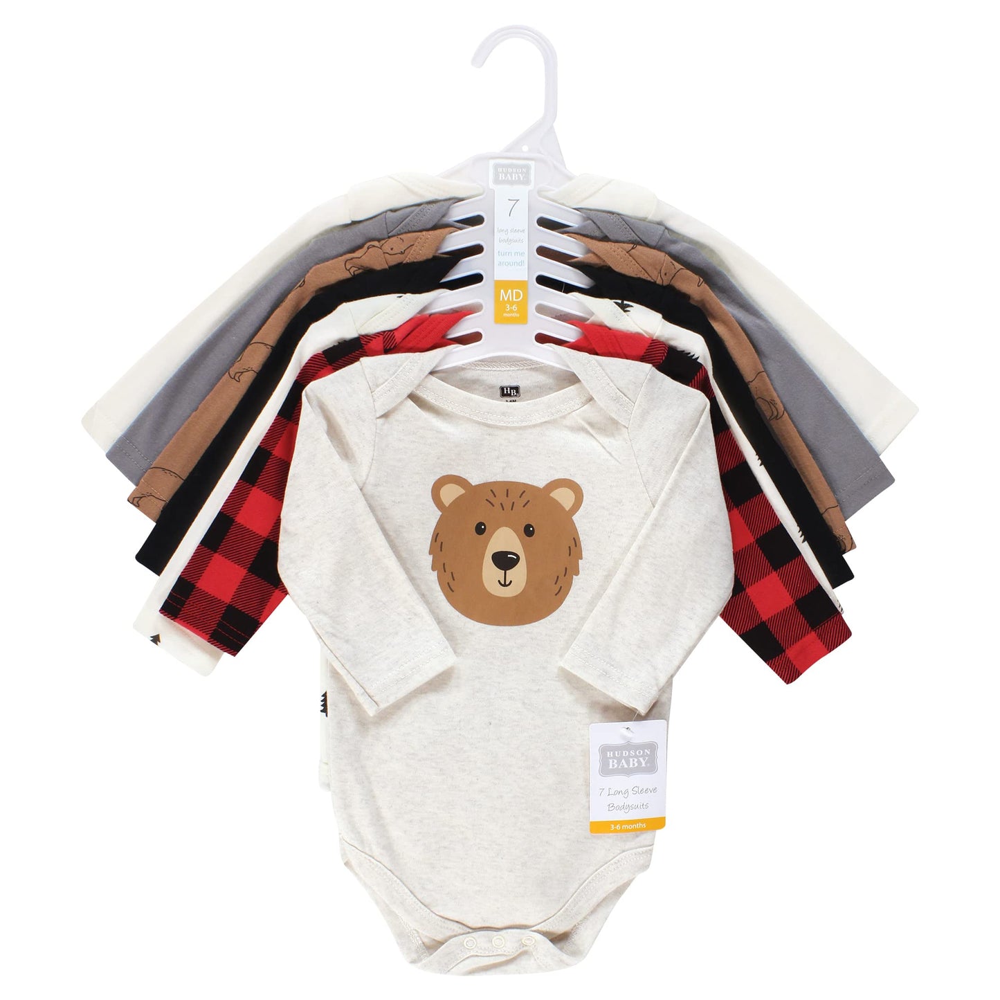 Hudson Baby Unisex Baby Cotton Long-Sleeve Bodysuits, Brown Bear 7-Pack, 6-9 Months