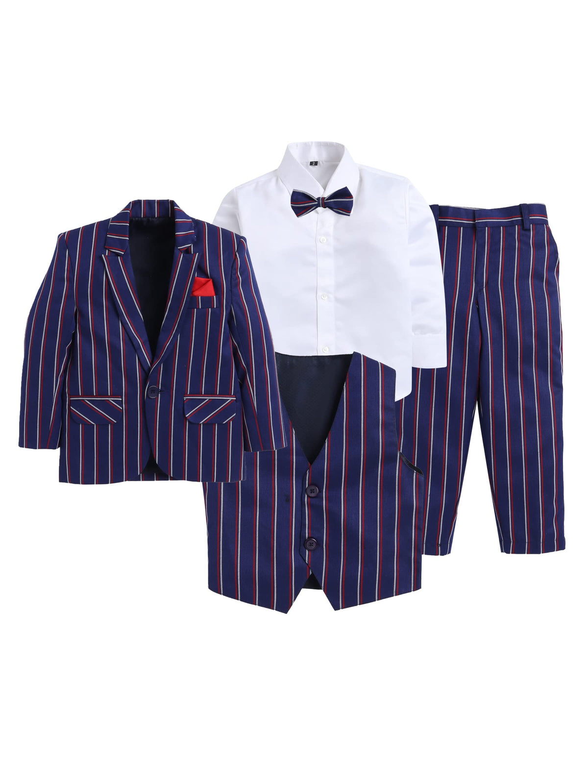 Jeetethnics Boys Navy Blue Striped Coat Suit Set With Waistcoat Shirt And Trousers (9081Bh)