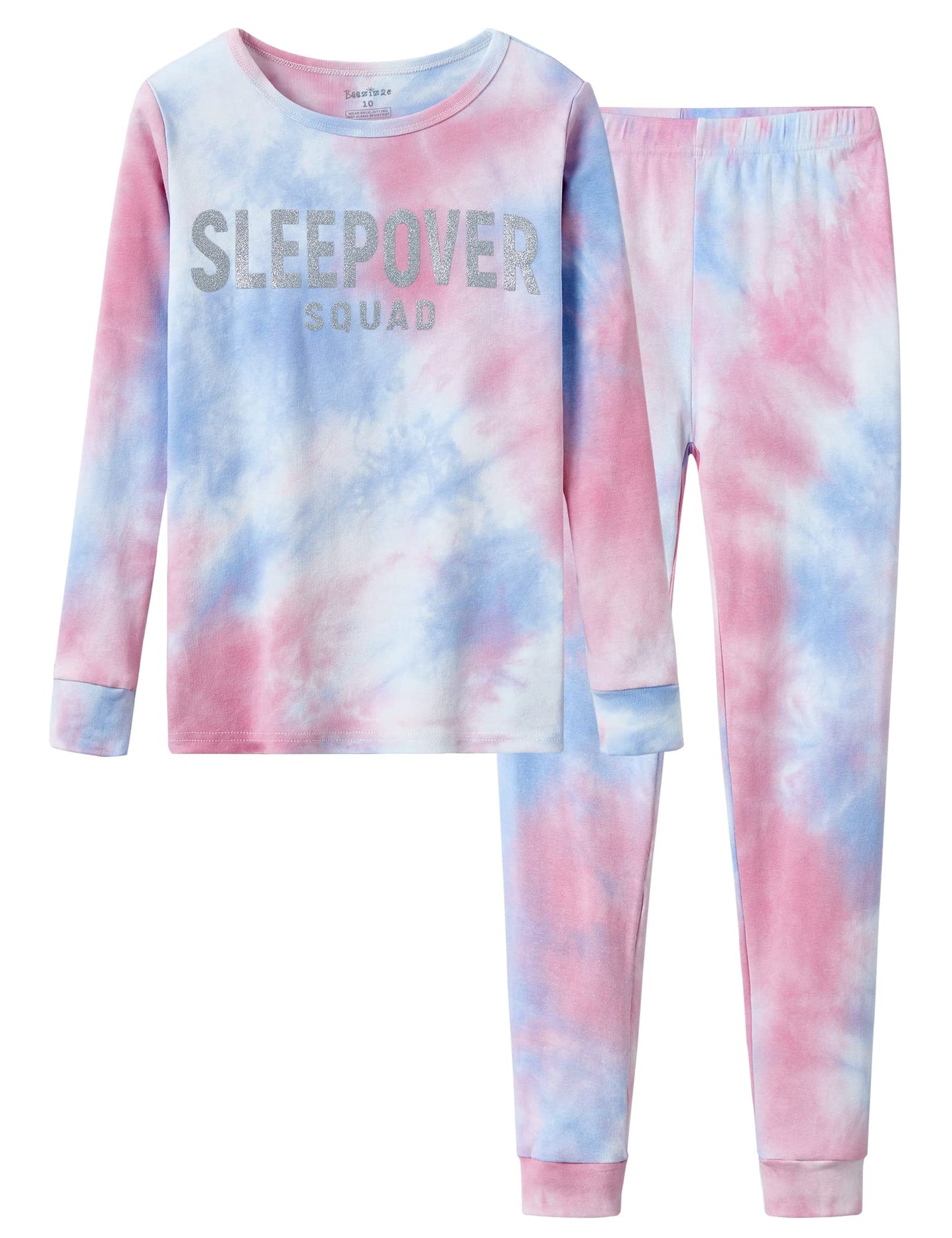 Beezizac Sleepover Pajama Set for Girls Tie Dye Cotton Snugfit Long Sleeve PJ Size 4T14, Pink & Blule, 8