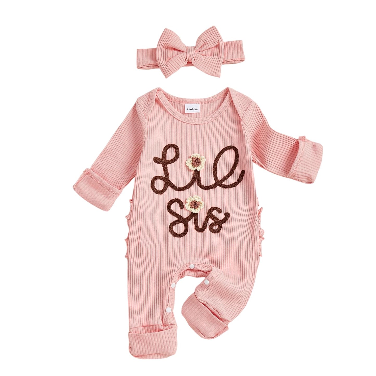Rtnnsbbfcm Baby Girl Clothes Little Sister Outfits Ribbed Knit Long Sleeve Romper Jumpsuit Newborn Coming Home Clothing (Pink Li