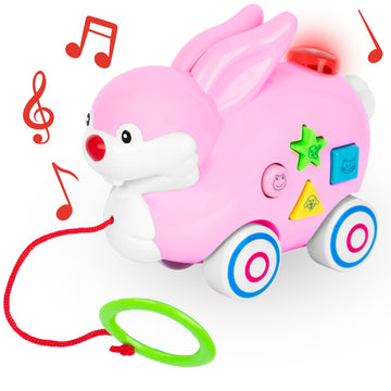 ArtCreativity Bunny Pull Toy - Pull Toys for Toddlers with Lights, Music, and 4 Animal Sounds - Kids Learning Toy with Shapes an