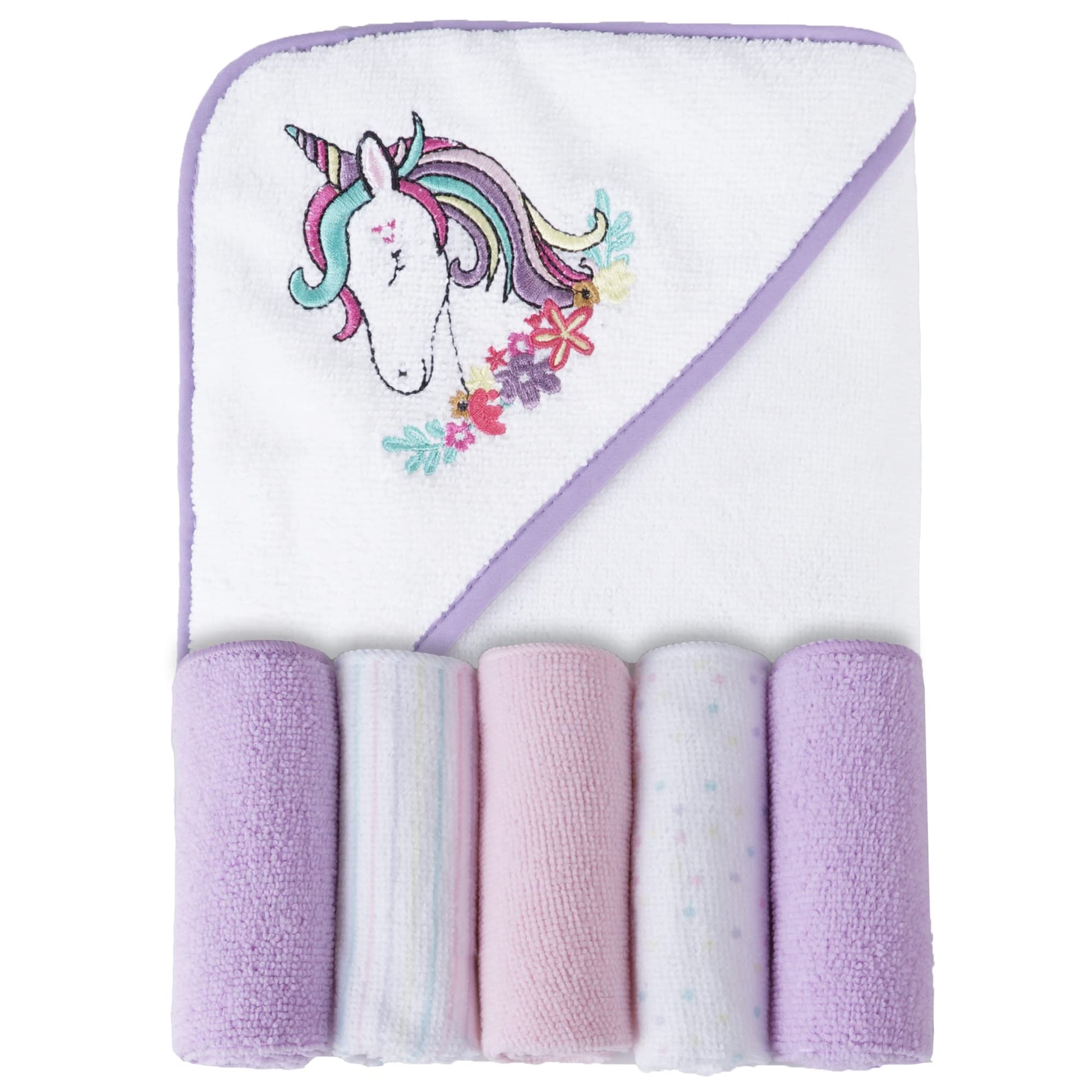 Viviland Baby Towels and Washcloths, Soft Absorbent Purple Baby Bath Towel Set, Unicorn Hooded Towels with 5 Infant Face Washclo
