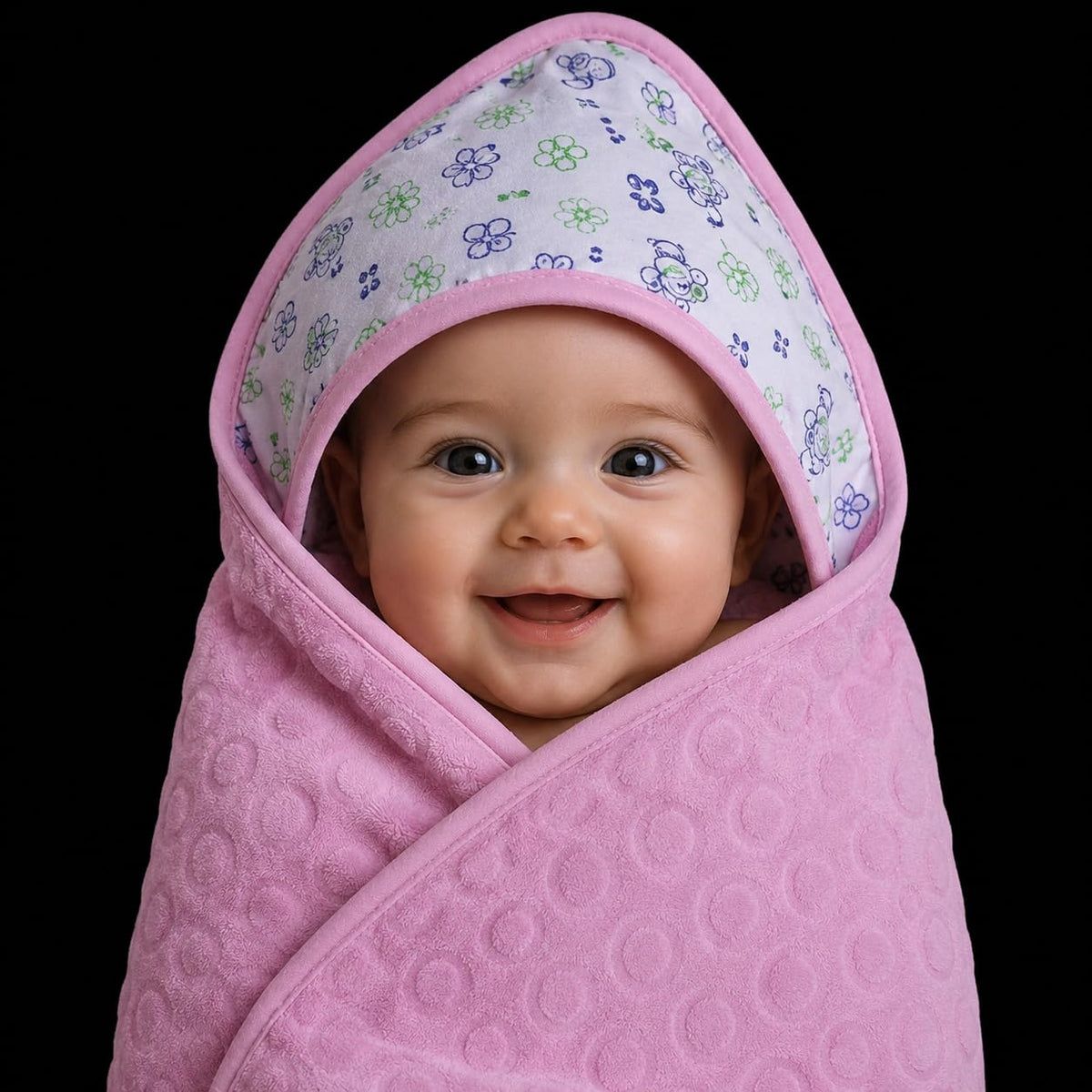 Baby Bath Towel Pink with Floral Hood