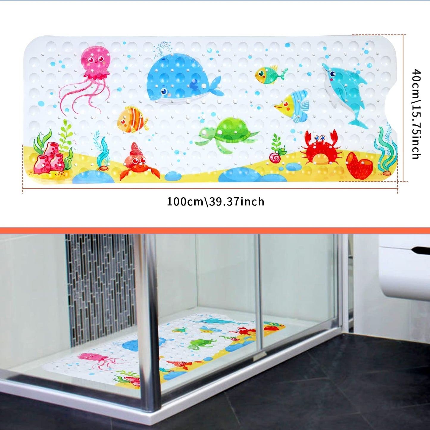 Secopad Kids Bath Mat For Tub Non Slip, 40 X 16 Inch Large Cartoon Whale Anti Slip Toddler Baby Bath Mat, Right Drain