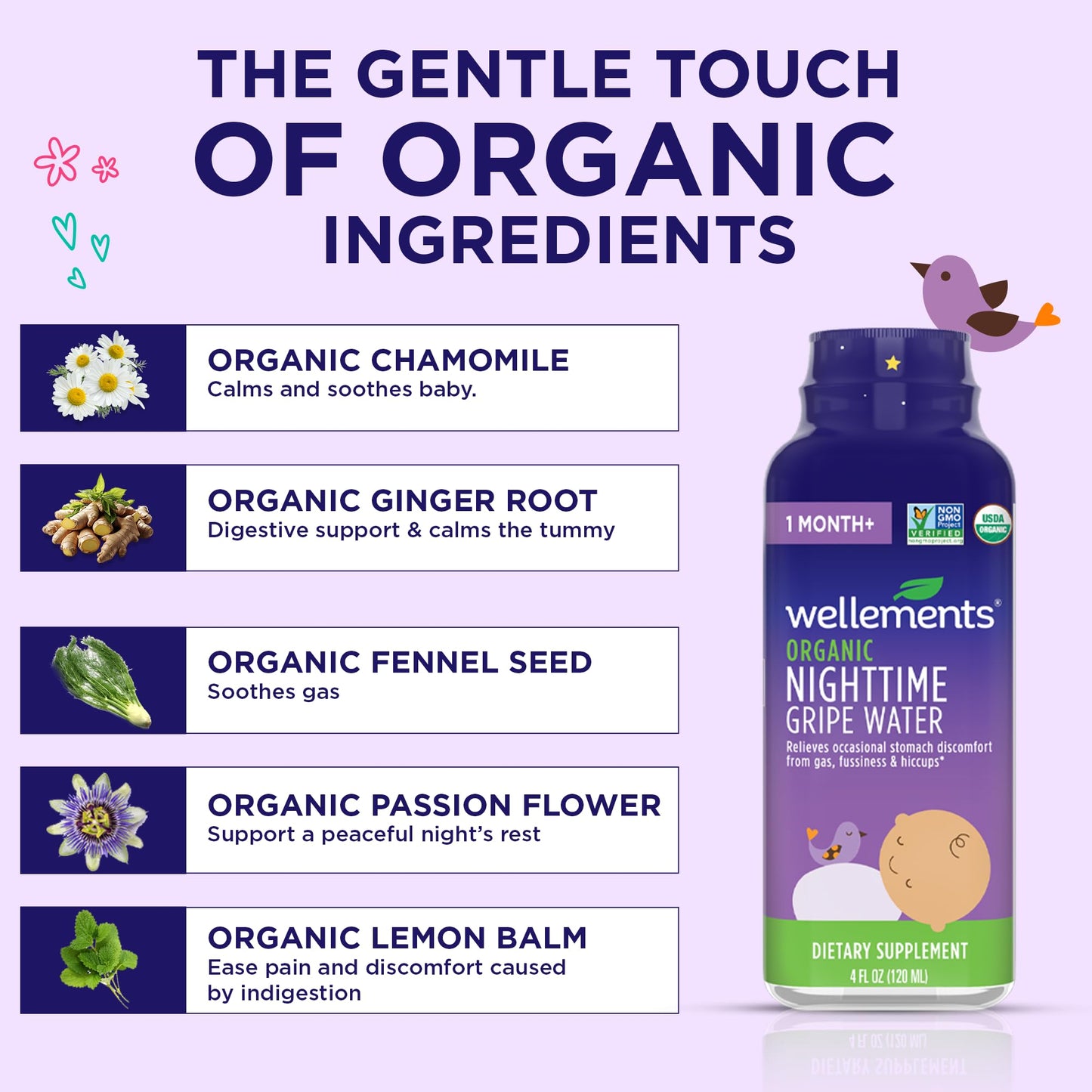 Wellements Organic Nighttime Gripe Water For Babies 1 Month+ (4 Fl Oz) - Baby Gripe Water For Bedtime Relief Gas, Colic & Fussin